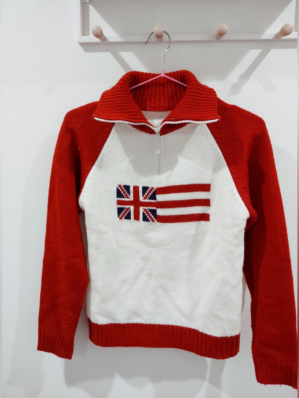 Women's Red and White Half-Zip Flag Knit Sweater